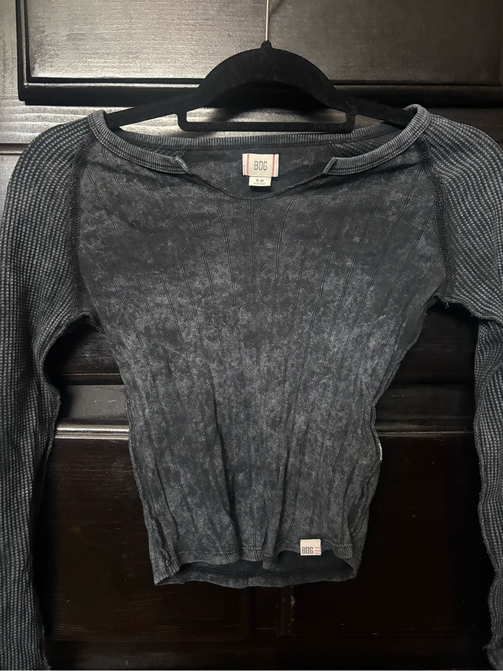 BDG Washed Black Ribbed Crewneck Thermal with Waffle Sleeves